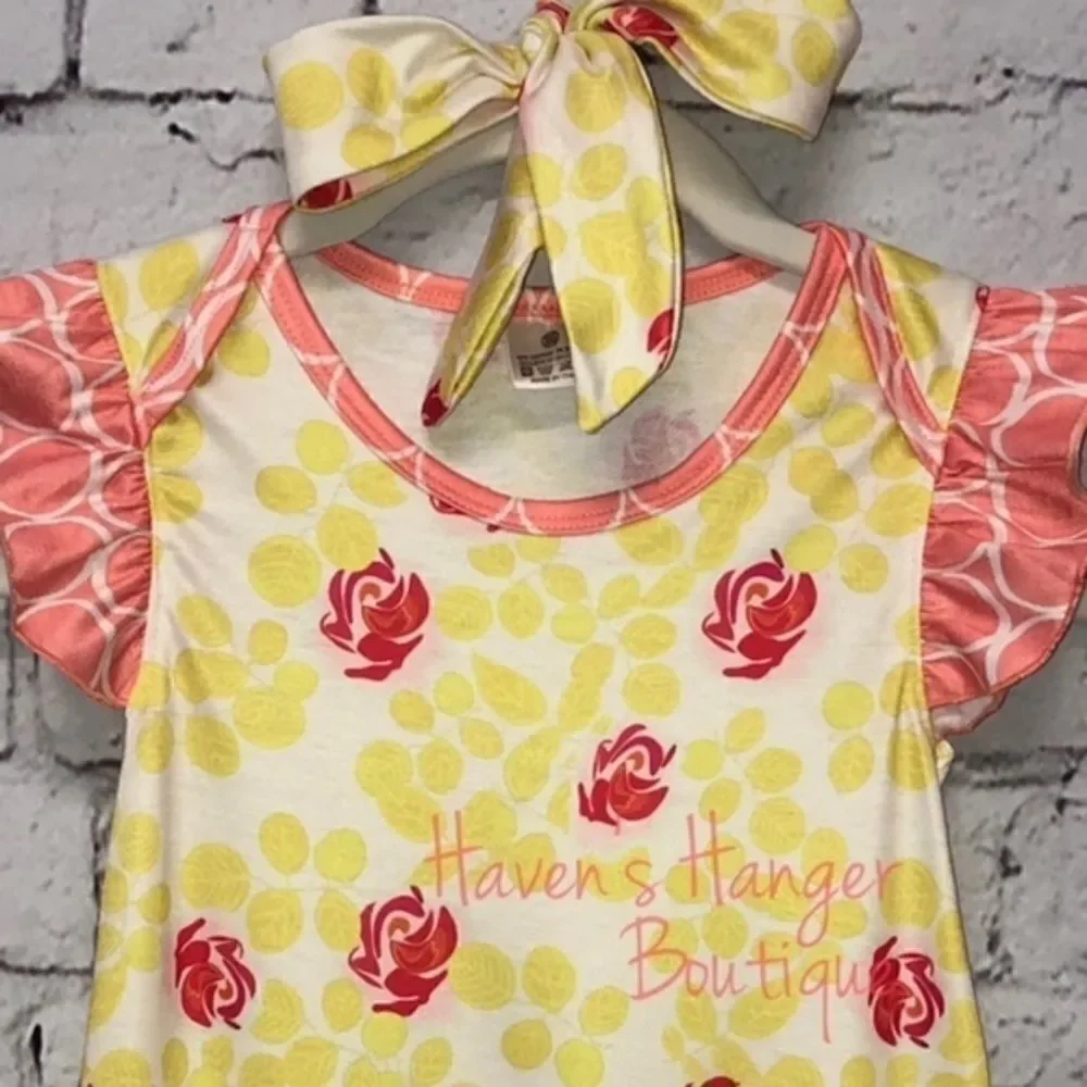 2pc. Roses & Leaves Baby Girl Romper with headband